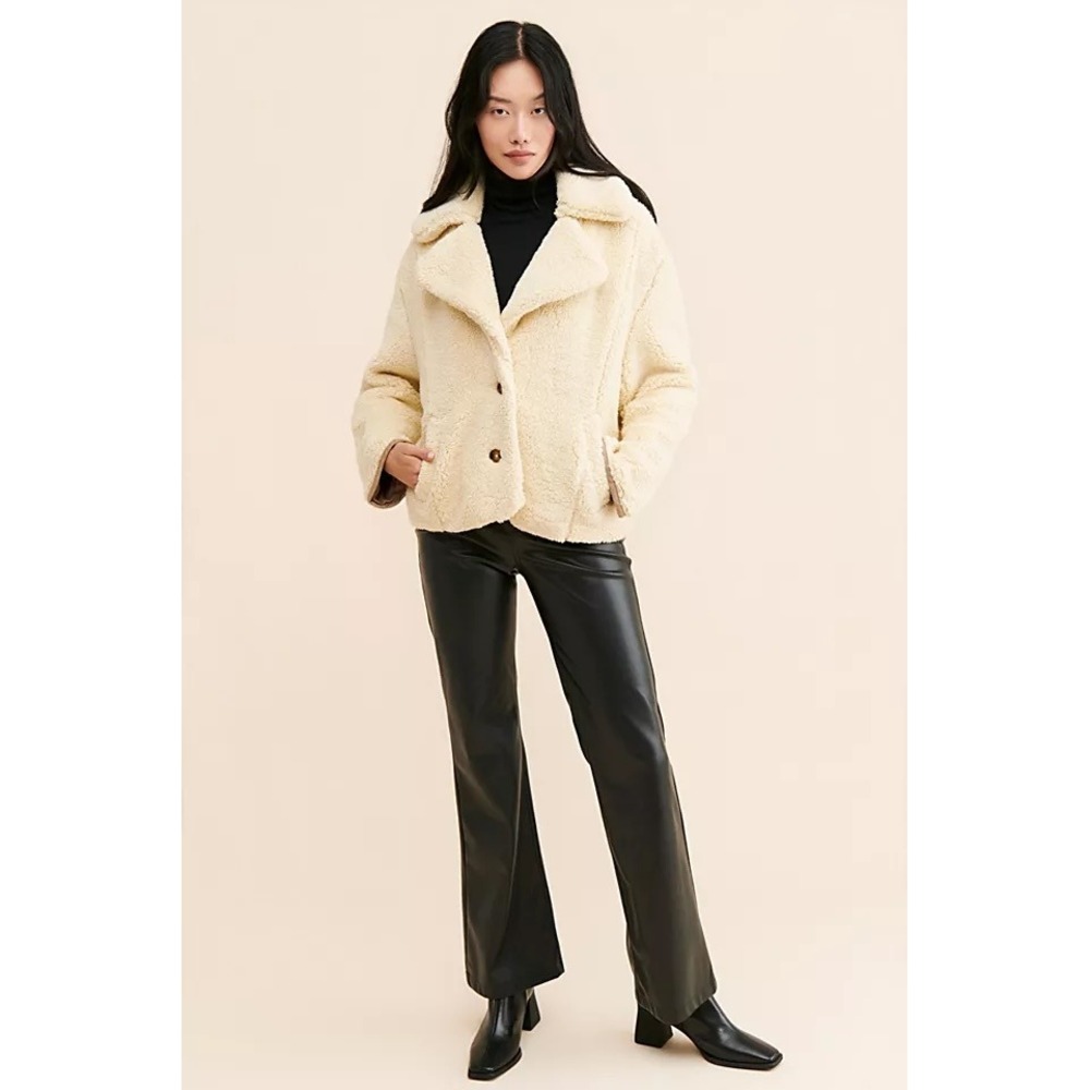 Free People Cream Fuzzy Teddy Bear Fleece Jacket Coat With Collar Size L